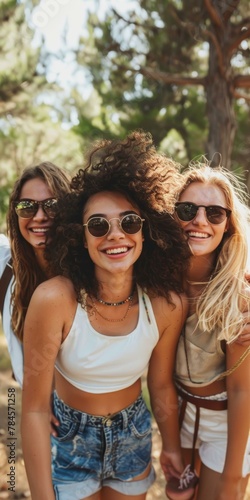 Three joyful young women in sunglasses enjoying summer, curly-haired brunette in the center, nature background.