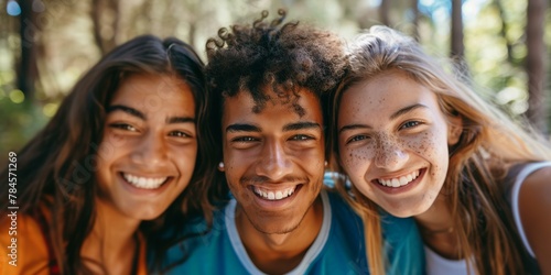 Three smiling multiracial teenagers outdoors, friendship and happiness concept, two girls and one boy in casual wear, sunlit natural background