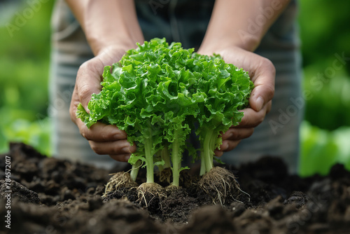 Wallpaper Mural Farmer picking up green lettuce with roots from soil Torontodigital.ca