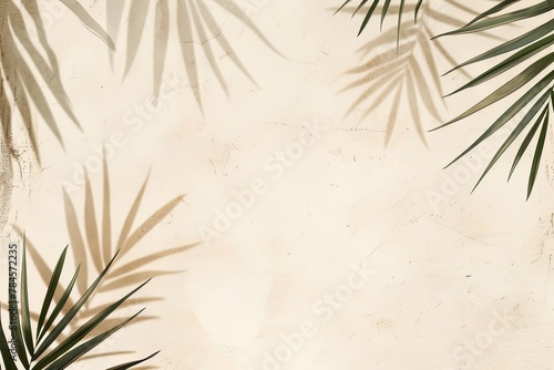 Subtle Shadows of Palm Leaves on a Sandy Background with Light Beige and White Color Palette and Textured Splashes.