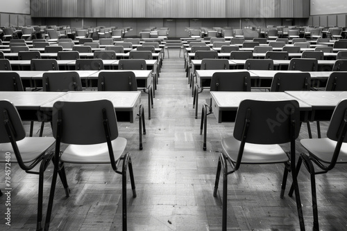 Empty Classroom.  Generated Image.  A digital rendering of a stark, empty classroom in muted tones showing emptiness or loneliness.