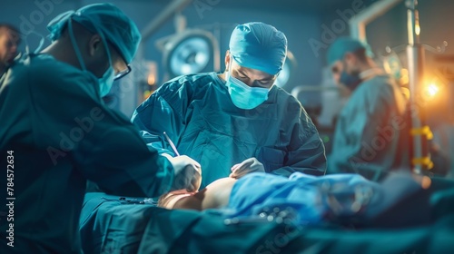 Skilled surgeon performing precise surgical procedure in modern operating room photo