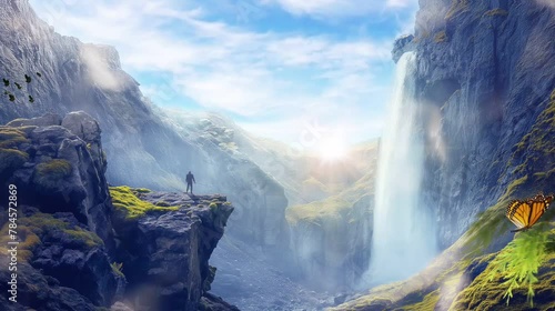 
looking alone at a waterfall in the mountains under the blue sky and clouds at sunrise, video HD photo