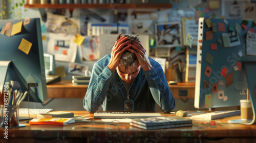 Tired male worker feeling frustrated and overwhelmed with work in a messy office environment.