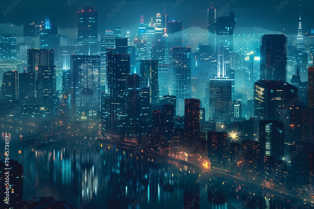 The city skyline glows with lights against the dark night sky, creating a striking urban vista