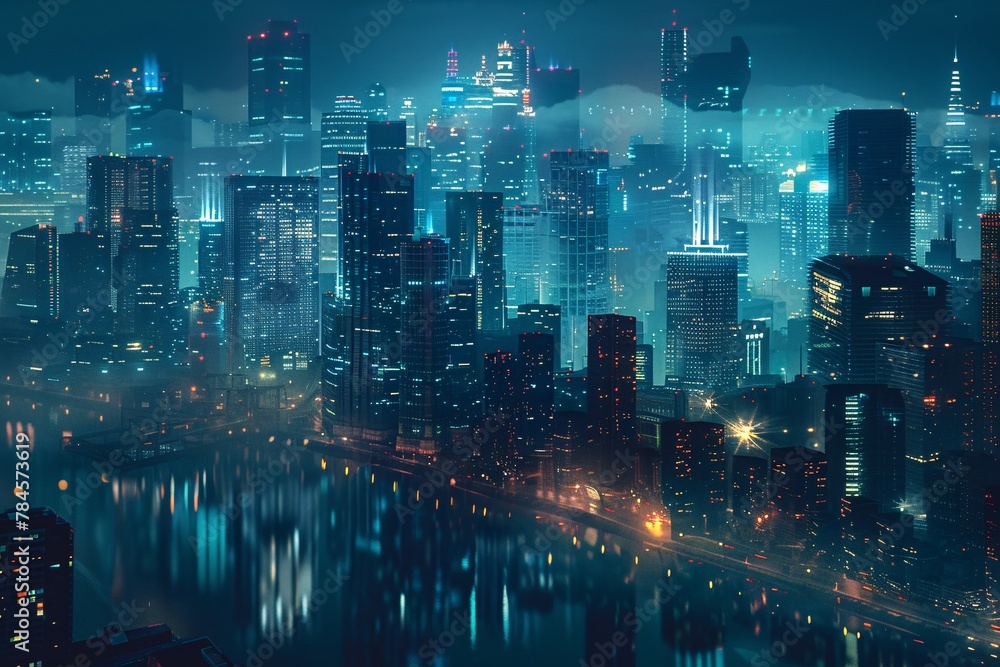 The city skyline glows with lights against the dark night sky, creating a striking urban vista The city skyline glows with lights against the dark night sky, creating a striking urban vista