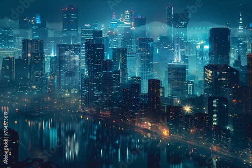 The city skyline glows with lights against the dark night sky  creating a striking urban vista