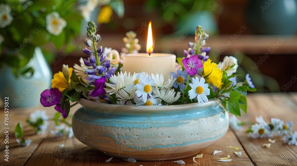 Serene candle centerpiece surrounded by fresh spring flowers