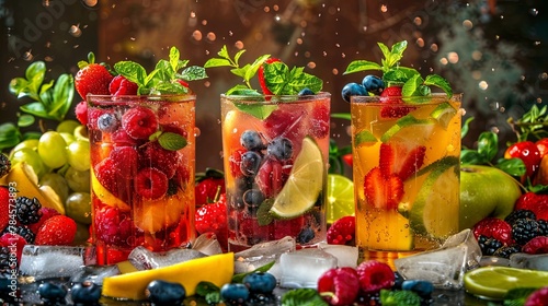Colorful fruit-infused water in glasses with fresh berries and mint