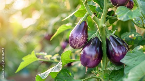 Fresh eggplants growing on a vibrant garden plant