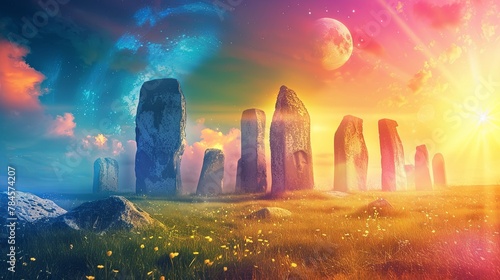 Enchanting fantasy landscape with mystical stone circle at sunset