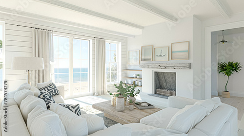 Coastal cottage sitting room, white living room interior design and country house home decor, sofa and lounge furniture, English countryside style © Anneleven