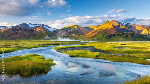 Serene mountain landscape with winding river at sunset