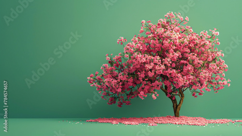 Blooming cherry tree with pink flowers on green background with copy space