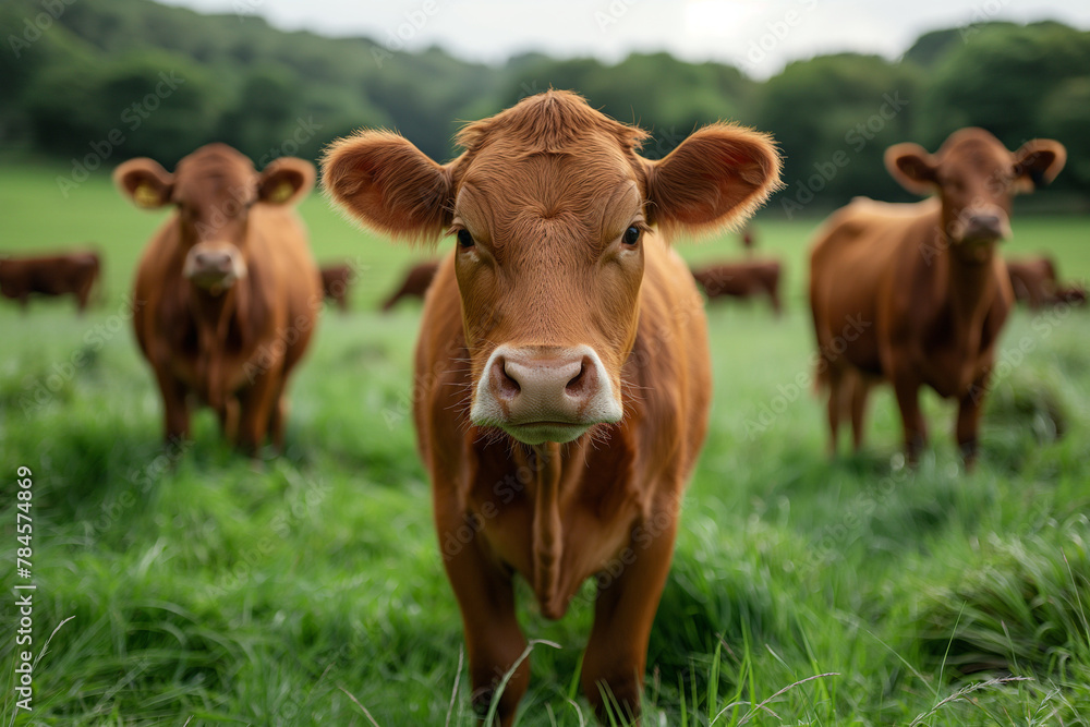 Happy cows with grass fed free range farm, small herd of cows eating fresh grass on an organic farm Happy cows with grass fed free range farm, small herd of cows eating fresh grass on an organic farm