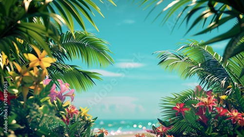 Tropical Paradise Beach View through Lush Foliage