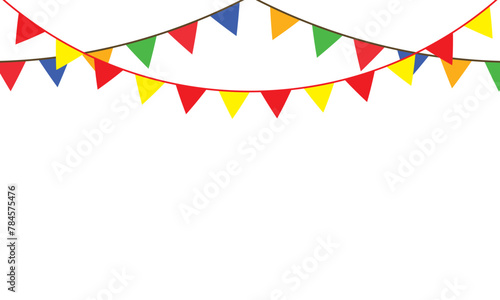 Colorful pastel color triangle flag party with rope isolated on white background, decoration element, Celebration flags for decor. Vector illustration. 