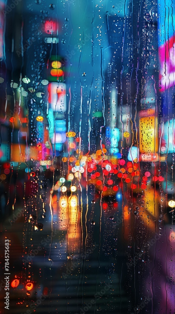 Raindrops racing on a window, blurring neon city lights, capturing a moment of reflection amidst chaos