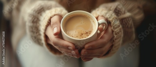 Poetic morning coffee scene, soft focus, cup cradled in hands, introspective