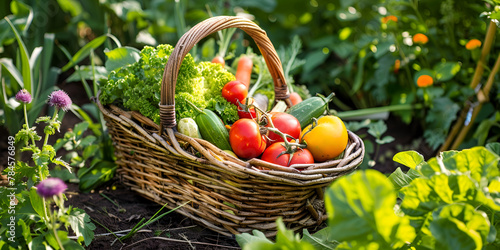Fresh Organic Vegetables in Wicker Basket in Garden