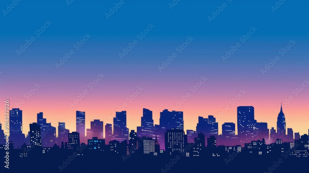 Fototapeta premium Vibrant City Skyline at Twilight with Colorful Sunset Background