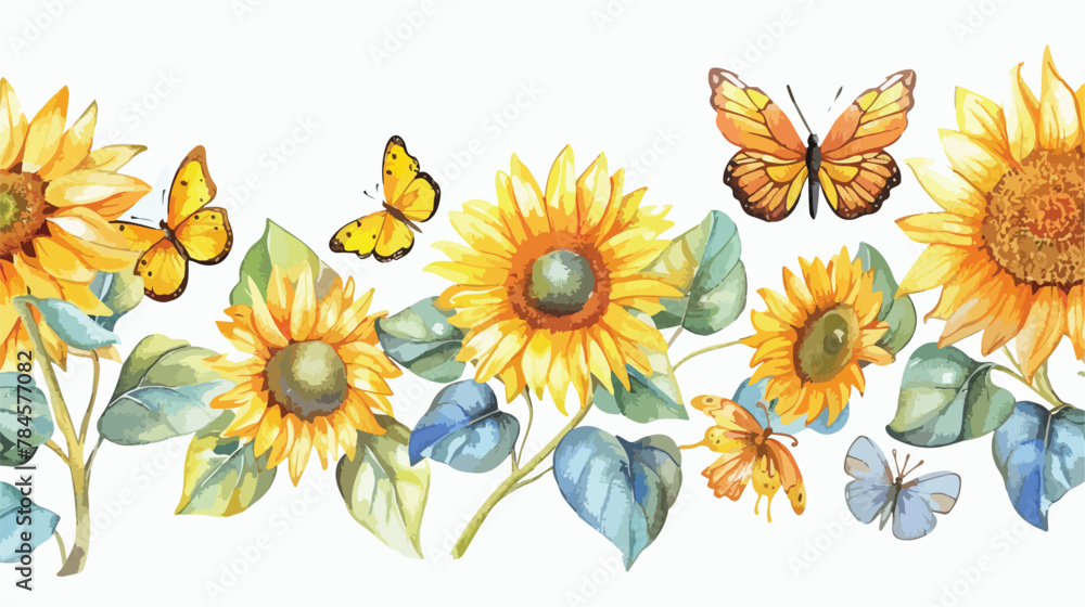 Watercolor horizontal seamless background with sunflowers