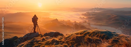 Photographer captures the serene beauty of a mist-covered landscape at sunrise, reflecting the golden hues of early morning light