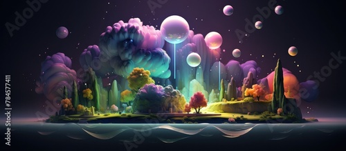 Enchanting Celestial Landscape with Vibrant Organic Forms and Glowing Spheres in a Dreamlike Futuristic Environment