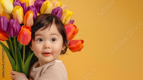 Adorable Toddler Embracing a Bouquet of Colorful Tulips on Yellow Background