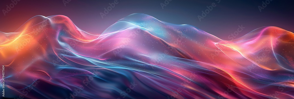 Obraz premium Abstract, intersecting arcs of light, makro, vivid tones of green and pink purple black, on a backdrop of swirling pastels, silky and smooth surface, minimalistic design, high detail, 3:1