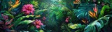 Lush tropical rainforest with bright exotic flowers