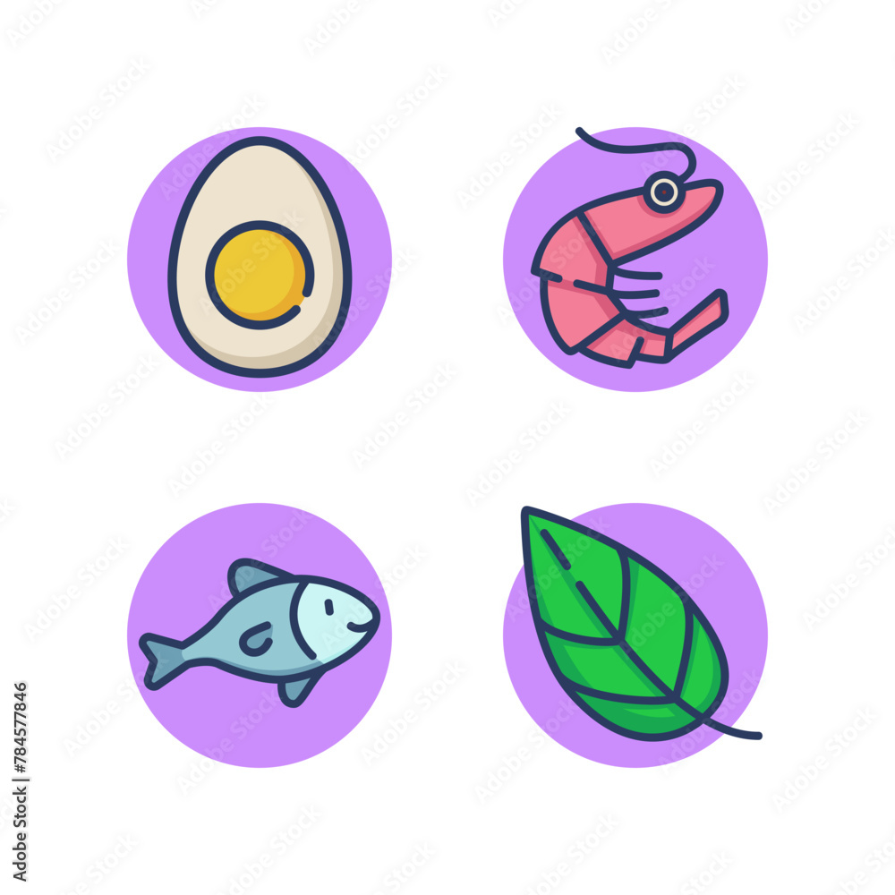 Food product allergens line icon set. Chicken egg, white, yolk, shrimp, fish, seafood, lettuce, greens. Indigestibility, food allergy concept. Vector illustration for web design and apps Food product allergens line icon set. Chicken egg, white, yolk, shrimp, fish, seafood, lettuce, greens. Indigestibility, food allergy concept. Vector illustration for web design and apps