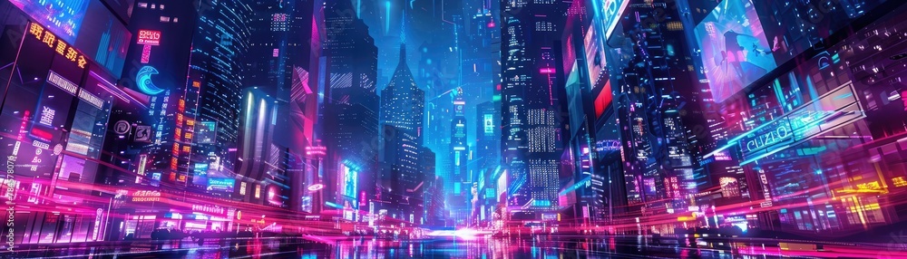 Neon cityscape with dazzling lights and vibrant streets
