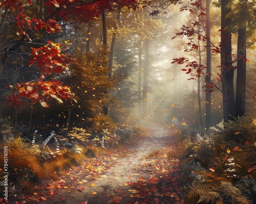 Magical forest path with multicolored autumn leaves