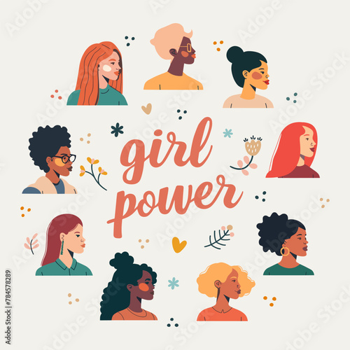 Inscription Girl Power surrounded by women of different races. Feminism, diversity; female movement, women empowerment concept.