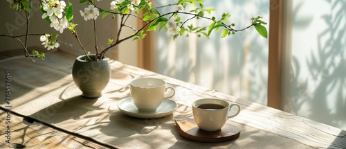 Zenlike coffee arrangement, minimalist and tranquil, a moment of peace photo