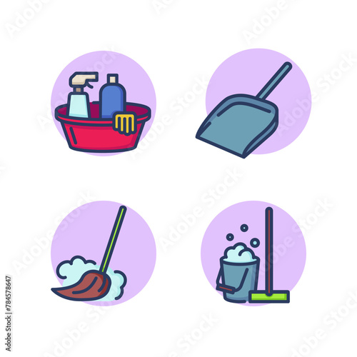 Instruments for cleaning house line icons set. Detergents,dustpan, mop and bucket, broom. Household, domestic work, cleaning service concept. Vector illustration for web design and apps
