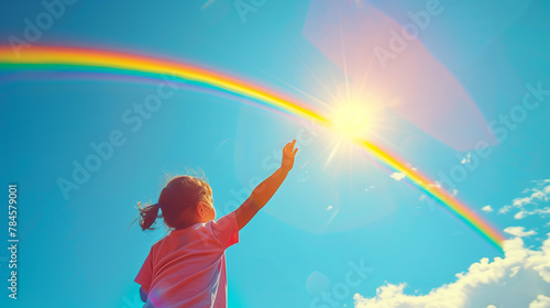 Child Touching the Sunlight, Reaching for Rainbow in Blue Sky