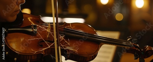 A violinists frayed bow strings against the backdrop of a dimly lit stage, symbolizing the tension before a performance