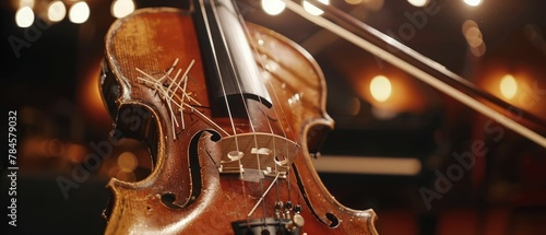 A violinists frayed bow strings against the backdrop of a dimly lit stage, symbolizing the tension before a performance photo