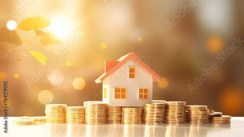 Growth in the real estate market and property taxes Miniature house toy with coin and leaf vintage style