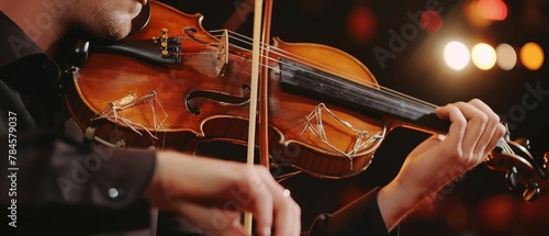 A violinists frayed bow strings against the backdrop of a dimly lit stage, symbolizing the tension before a performance photo