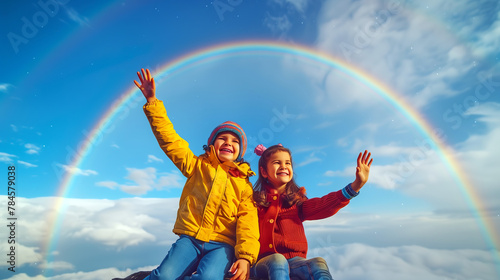  Exuberant Children Celebrating Rainbow Above Clouds, Pure Joy in Sky