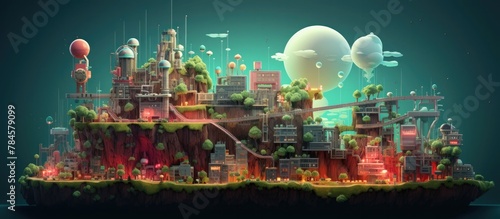 Vibrant Floating Island City Landscape in Futuristic Digital Graphic