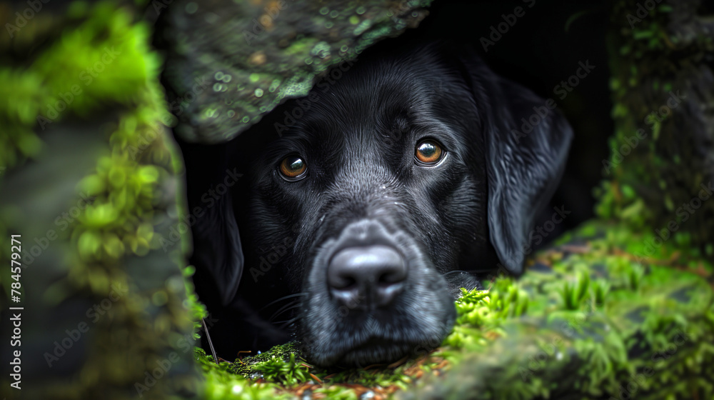 Thoughtful Black Labrador in Lush Green Moss Den, Reflective Canine Gaze Thoughtful Black Labrador in Lush Green Moss Den, Reflective Canine Gaze
