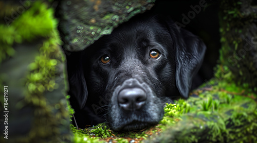 Thoughtful Black Labrador in Lush Green Moss Den  Reflective Canine Gaze