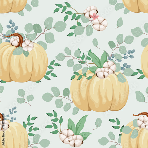 Seamless pattern with pumpkins and leaves. Vector illustration.