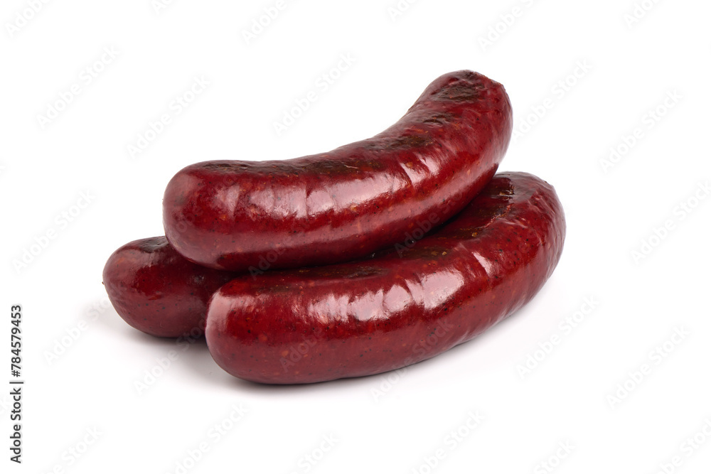 German grilled pork sausages with lettuce, close-up, isolated on white background. German grilled pork sausages with lettuce, close-up, isolated on white background.