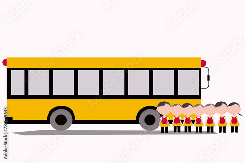 A yellow school bus with a group of children standing in front of it. The children are wearing red and yellow uniforms