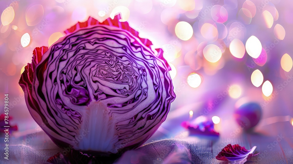 Obraz premium Cross-section of red cabbage revealing intricate purple and white patterns against a blurred pink bokeh background for healthy eating campaigns.